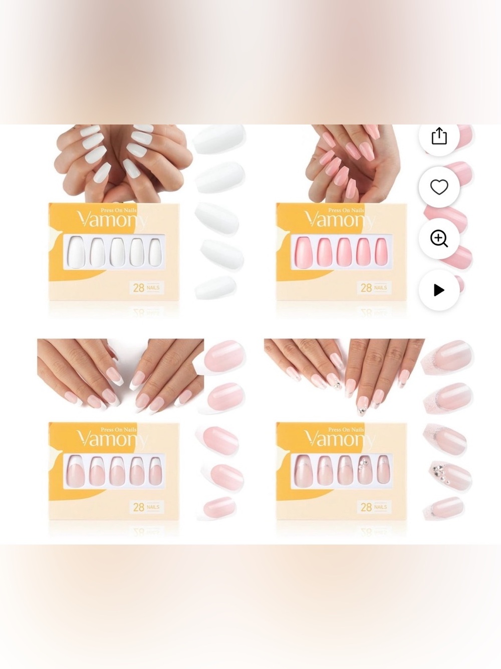 AMO Women Makeup Press-On Nails - Pink, White, Nude - Picture 2 of 4